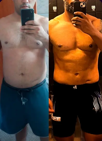 Comparação antes e depois de homem em selfie no espelho